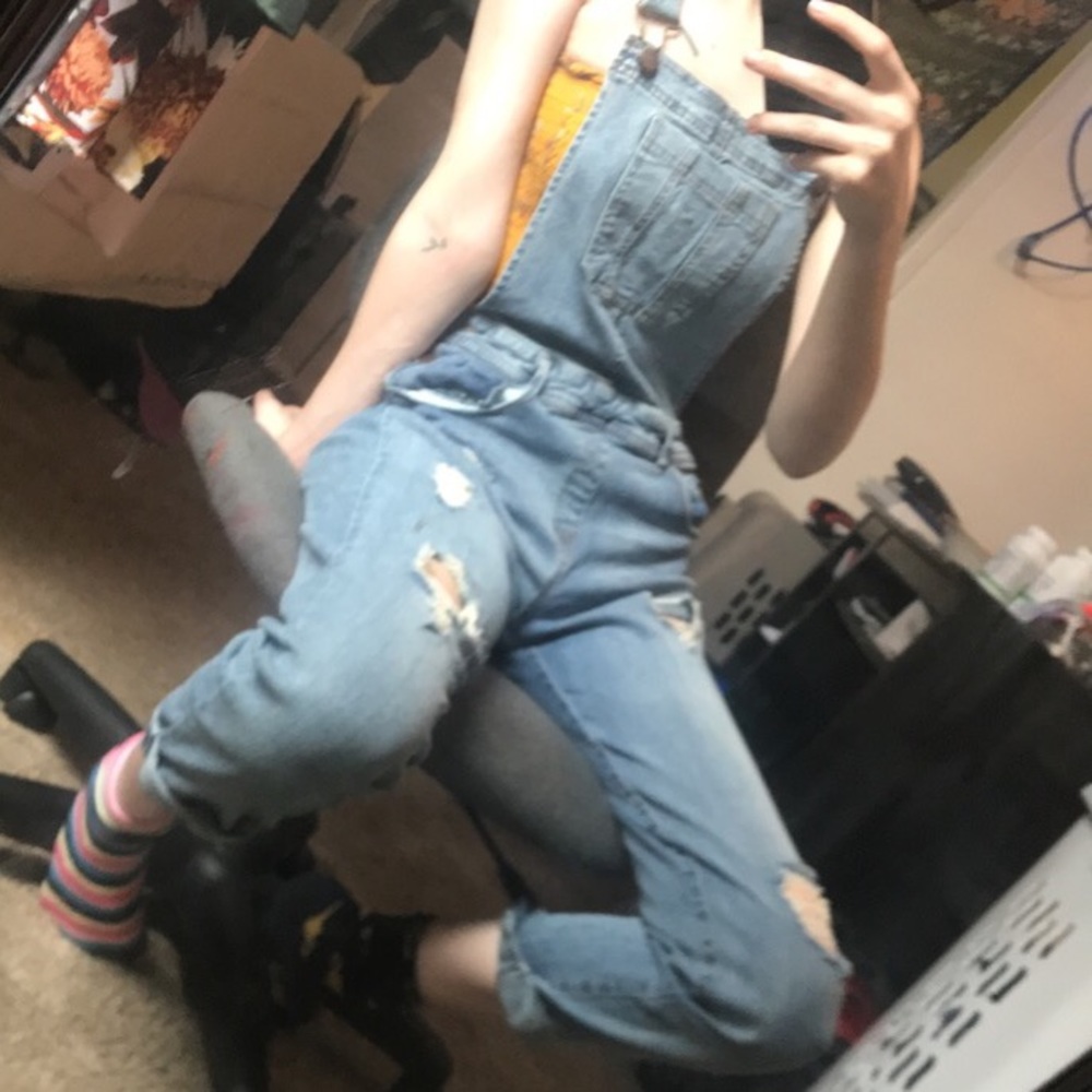 distressed denim cuffed overalls